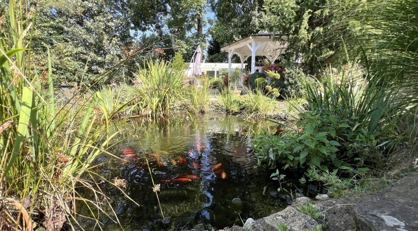 Schön angelegter Fischteich und Gartenpavillon